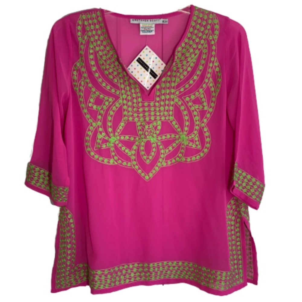 Gretchen Scott Pink & Green Embroidered Tunic Top